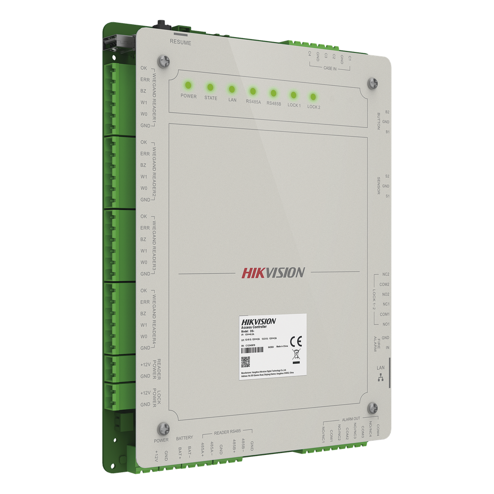 Controlador de Acceso 2 Puertas Administrable en la Nube con Hik-Connect Teams / Interfaz Web / 4 Lectores de Huella o Tarjeta / 100,000 Tarjetas / 10,000 Huellas / Incluye Gabinete y Fuente de Alimentación 12 Vcd 8 A / Soporta Batería de Re