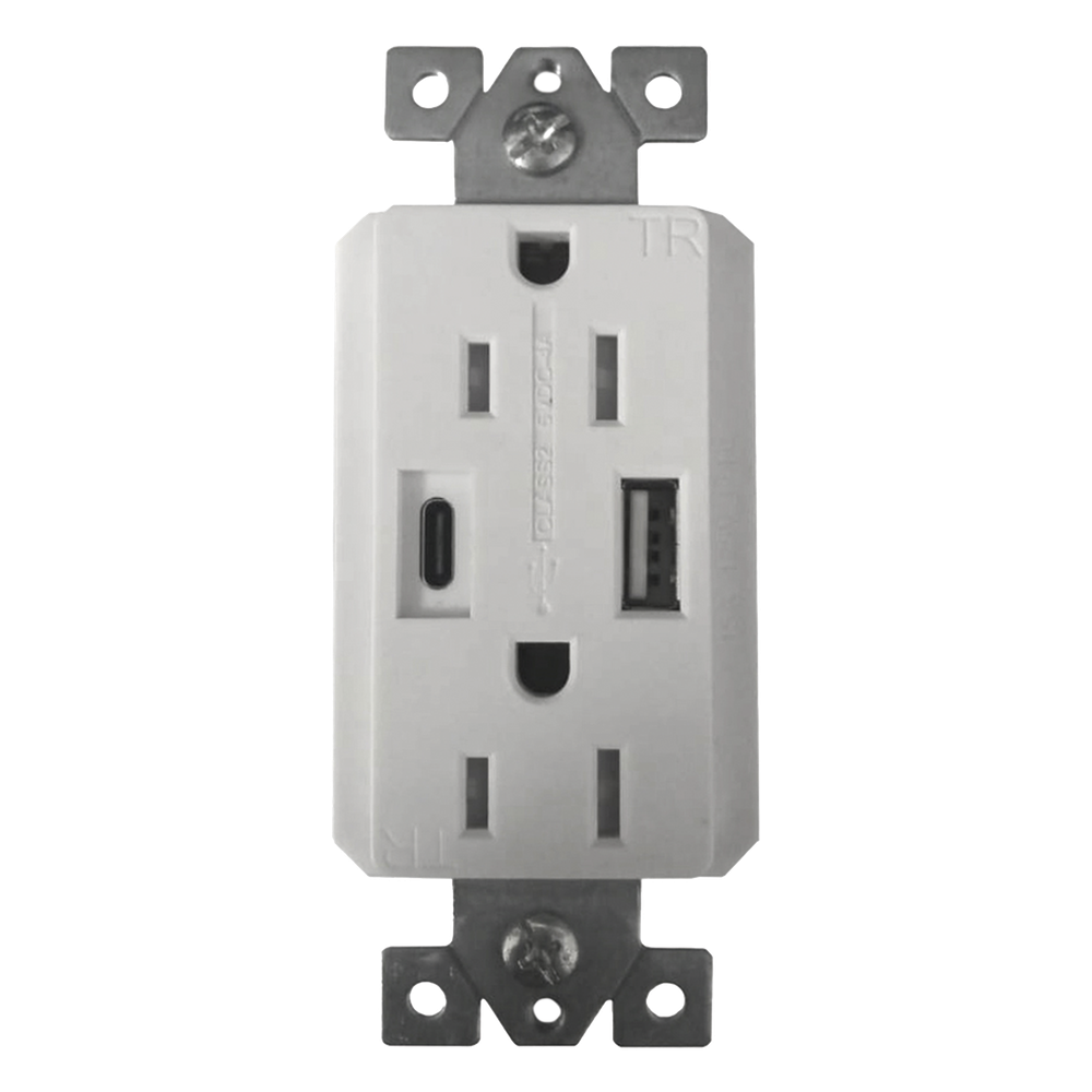 Contacto Dúplex con puertos USB Tipo A y C, 15 A, 100 - 240 V, USB 5 V, Incluye la Placa.