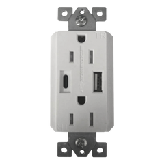 Contacto Dúplex con puertos USB Tipo A y C, 15 A, 100 - 240 V, USB 5 V, Incluye la Placa.