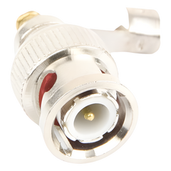 Conector BNC macho en 75 Ohm, para cable coaxial RG-59 / Con base de alivio negra de PVC, Níquel/ Oro/ PTFE.