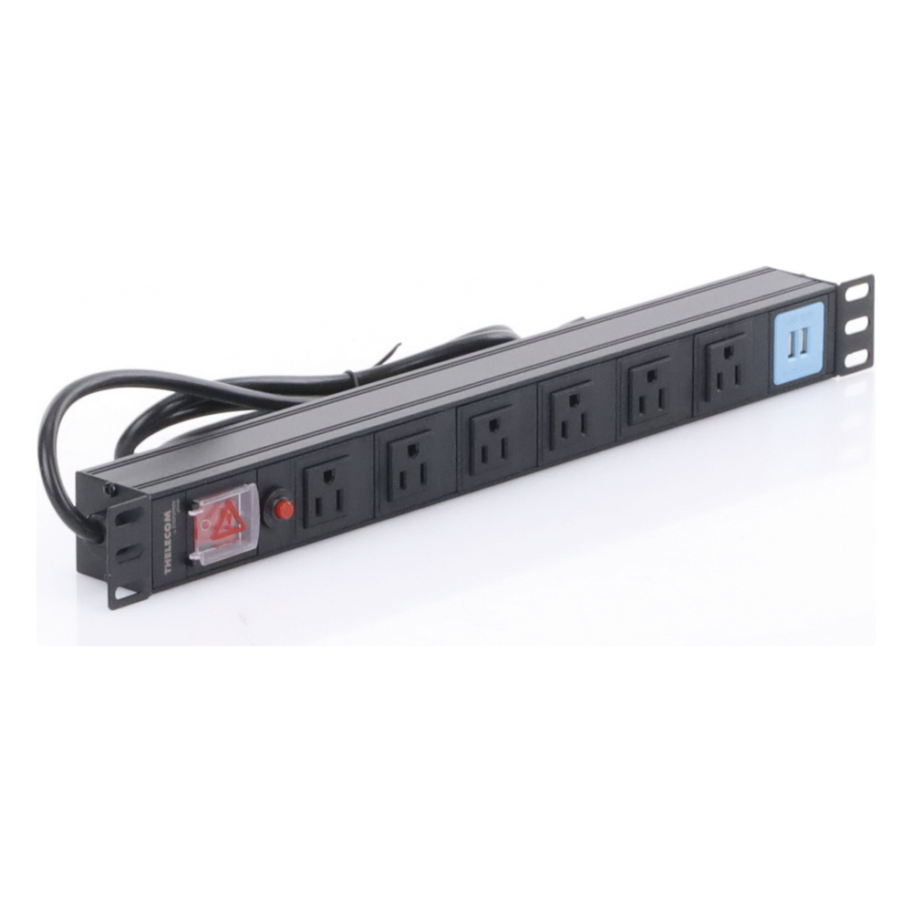 Tomacorriente Horizontal (PDU) de 6 contactos (NEMA 5-15R) + 2 USB para instalación en Rack de 19", 1UR, 125 Vca/ 15 A (THE0040091001001)