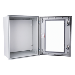 Gabinete de Poliéster IP65 Puerta Transparente, Uso en Intemperie (400 x 500 x 200 mm) con Placa Trasera Interior de Plástico (Incluye Chapa y Llave).