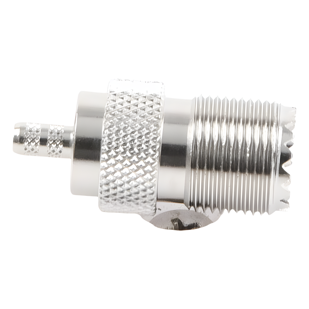 Conector UHF Hembra (SO-239) en Línea, de Anillo Plegable para Cable RG-58/U, RG-142/U, Níquel/ Plata/ Delrin.