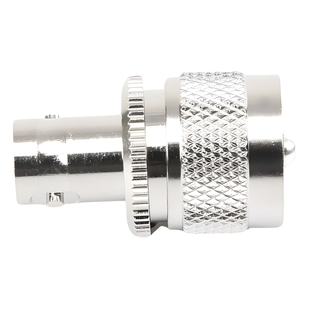 Adaptador en Línea para 50 Ohm, Conector BNC Hembra-UHF Macho (PL-259), Níquel/ Plata/ Delrin.