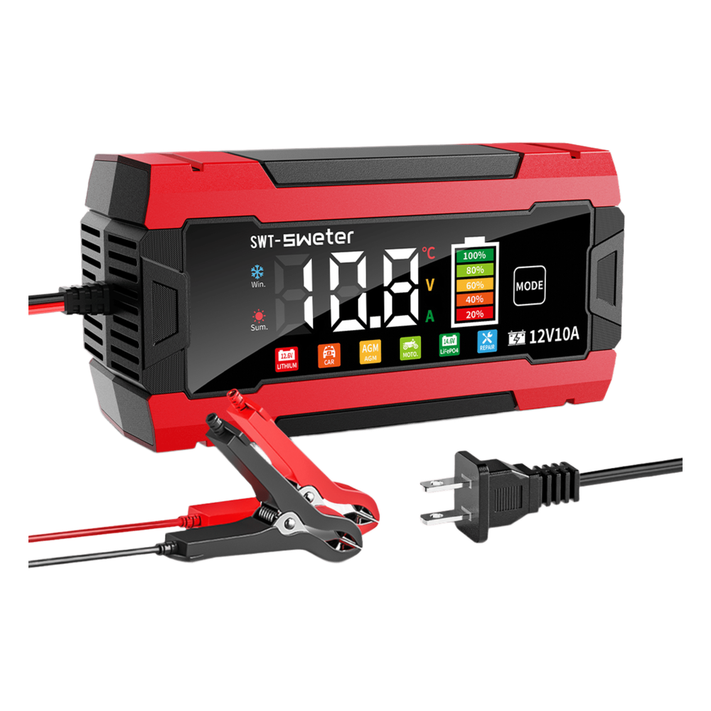 Cargador Inteligente Automático 3 Etapas / 12V 10A / Para Motocicleta, Auto, ATV / Baterías AGM, GEL, SLA, WET, DEEP CYCLE, Litio 12.6V, LiFePO4 14.6V / LCD / Protección Inversa Polaridad
