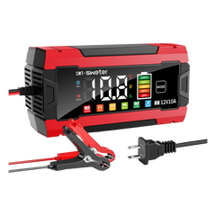 Cargador Inteligente Automático 3 Etapas / 12V 10A / Para Motocicleta, Auto, ATV / Baterías AGM, GEL, SLA, WET, DEEP CYCLE, Litio 12.6V, LiFePO4 14.6V / LCD / Protección Inversa Polaridad
