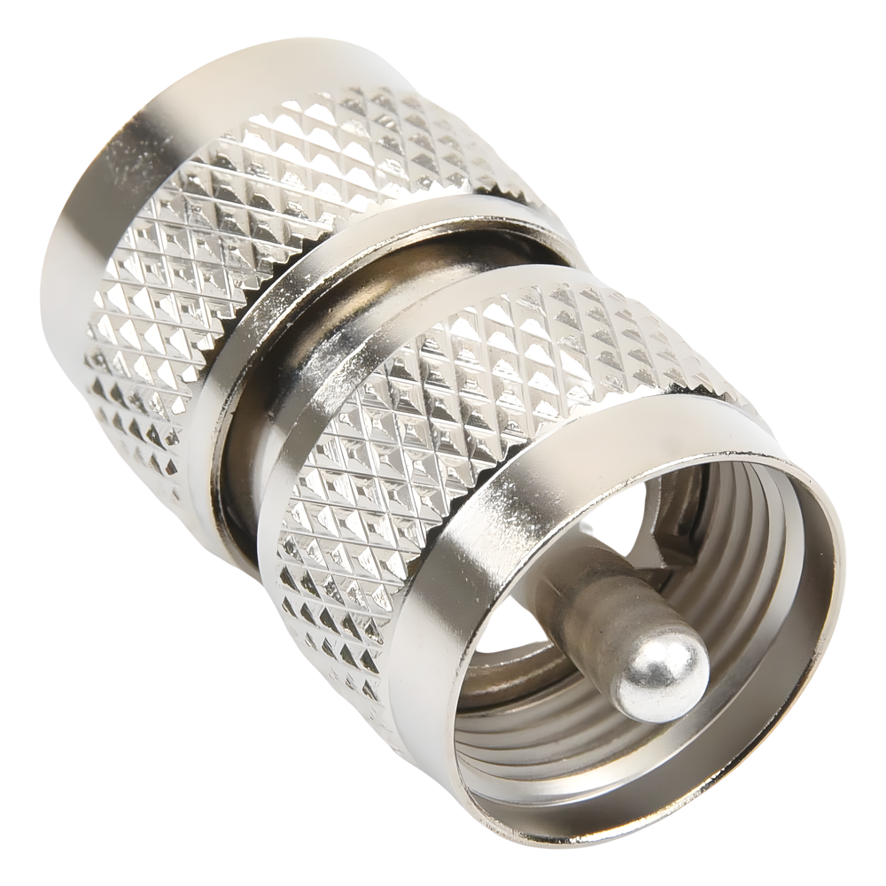 Adaptador Barril en Línea, de Conector UHF Macho (PL-259) a UHF Macho (PL-259), Níquel/ Plata/ Teflón.