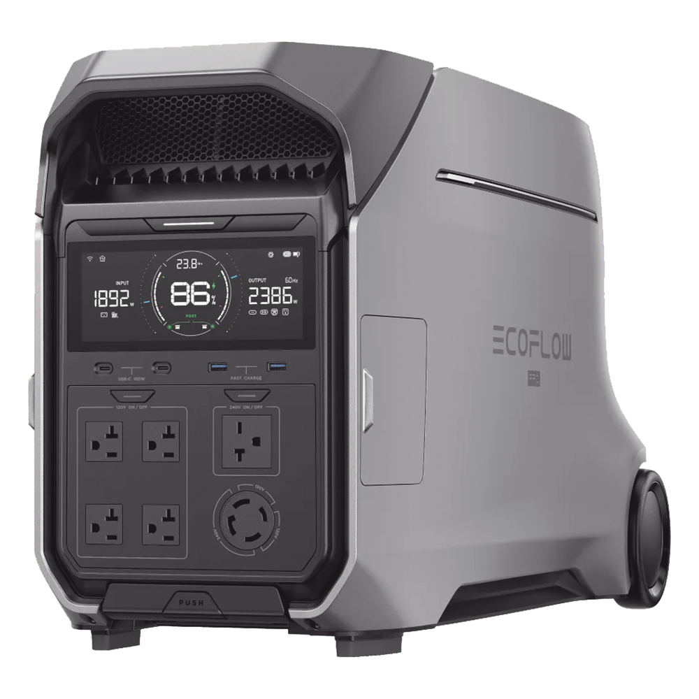 Estación de Energía Portátil DELTA PRO3 / 4096Wh Litio LFP / 5 AC 4000W (8000W Pico) / 2 USB-C 100W / Capacidad para Aumentar Respaldo / Cargador de Coche 10A a 12.6V / Conectividad WiFi y Bluetooth (App) / Carga Solar 2600W Max. (2 P