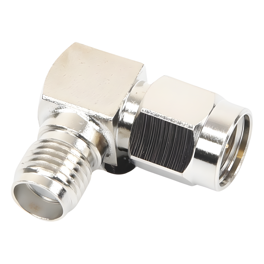 Adaptador en Ángulo Recto, de Conector SMA Macho a SMA Hembra Níquel/ Oro/ Teflón.