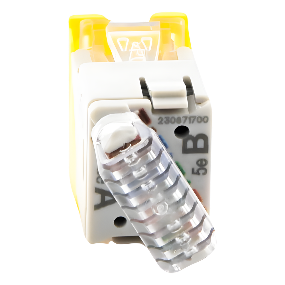 Jack Ultramax Cat5e, UTP, Montaje Híbrido en Placa de Pared (Plano y Angulado), Color Amarillo, Punch Down