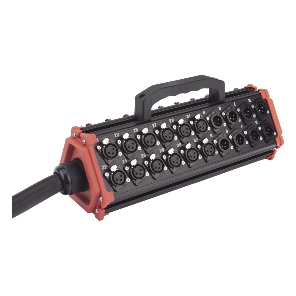 STAGEBOX, 32+8 CANALES, 8 EXTREMOS SON SCMM3 XLR Macho, LOS OTROS 32 EXTREMOS SON SCMF3 XLR Hembra de 3 núcleos con carcasa de acero inoxidable y contactos chapados en oro