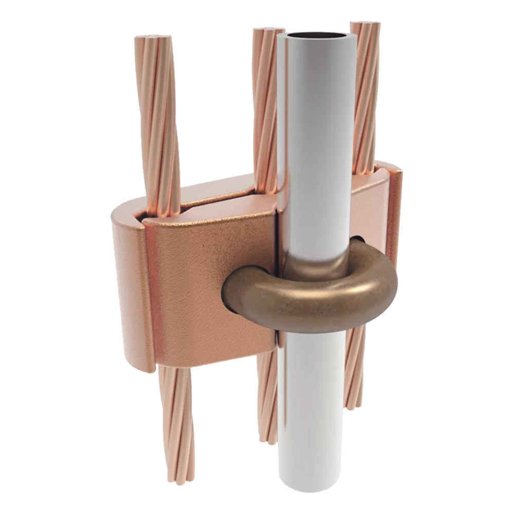 Conector Mecánico para 3 Cables para Calibre 2/0 AWG - 250 KCMIL a Tubería de 3/8"  o  Varilla 5/8" - 3/4".