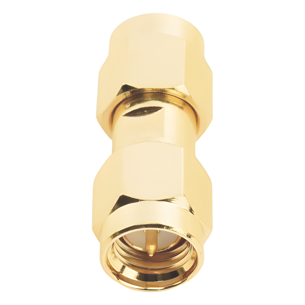 Adaptador Tipo Barril, de Conector SMA Macho a SMA Macho, Oro/ Oro/ Teflón.â€‹