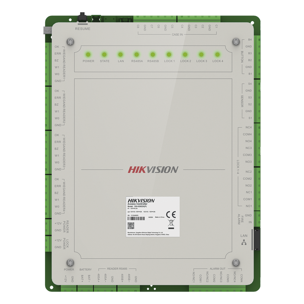 Controlador de Acceso 4 Puertas Administrable en la Nube con Hik-Connect Teams / Interfaz Web / 8 Lectores de Huella o Tarjeta / 100,000 Tarjetas / 10,000 Huellas / Incluye Gabinete y Fuente de Alimentación 12Vcd 8 A / Soporta Batería de Res