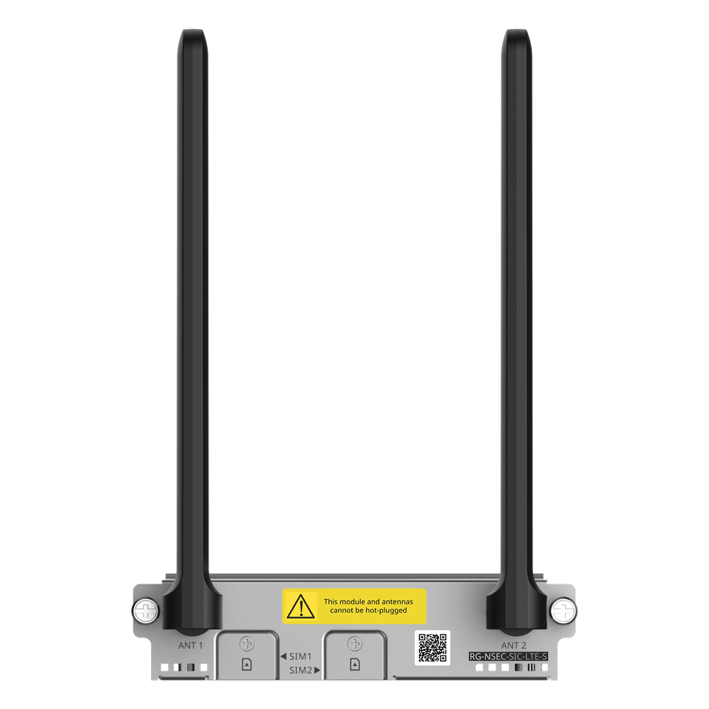 Módulo LTE 4G Compatible Firewalls RG-CF30XS / Ruijie RG-NSEC-SIC-LTE-S / Dual SIM Single Standby / Interfaces SMA-J / Consumo 5W / Dimensiones 103.37 x 123 x 28 mm (4.07 x 4.84 x 1.10 in) / Línea Cybrey