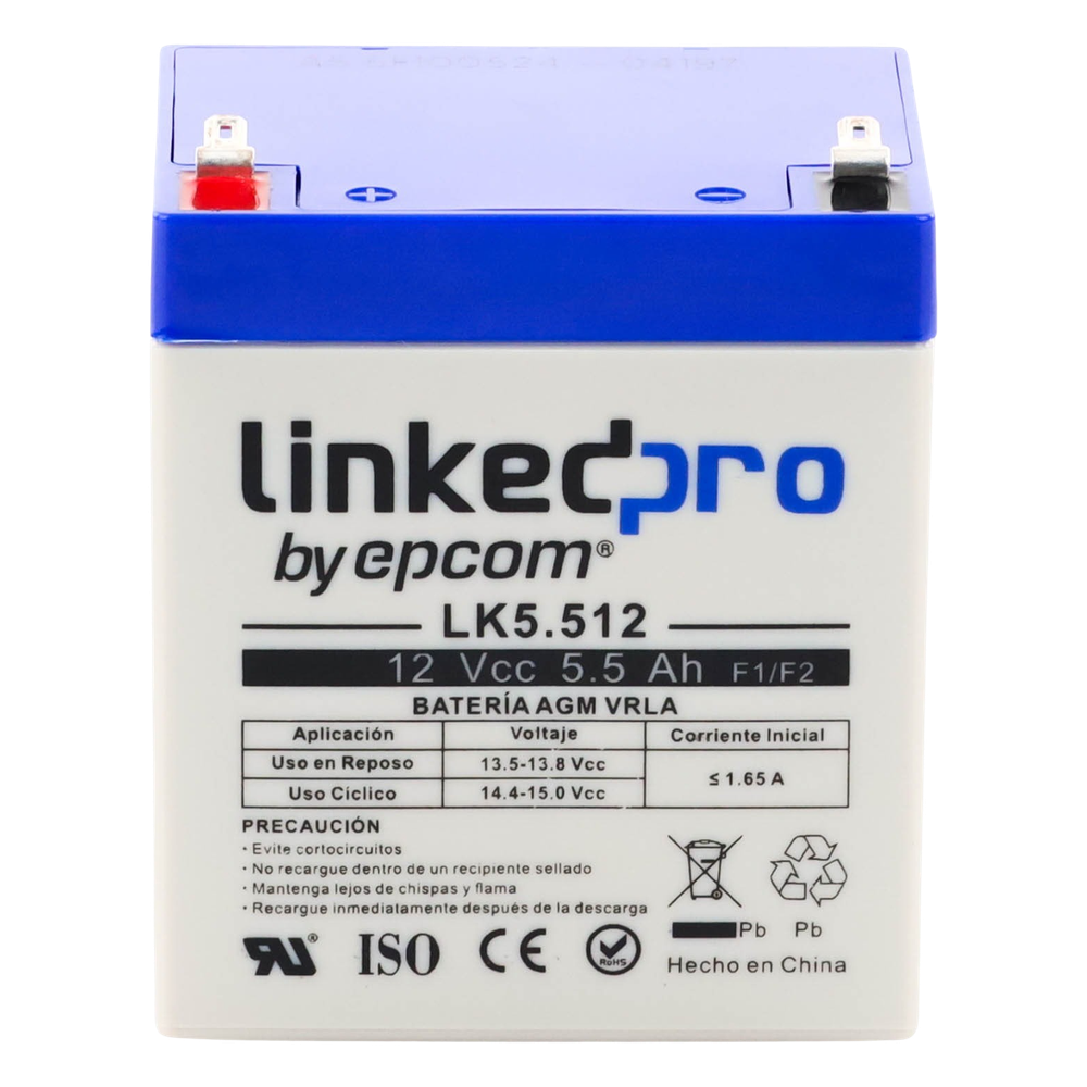 Batería de respaldo 12 V  |  5.5 Ah  |  AGM | Especial para Seguridad Electrónica | UPS | Sistemas de Emergencia  | Vida útil 5 años | Terminales F1  + Adaptador F2