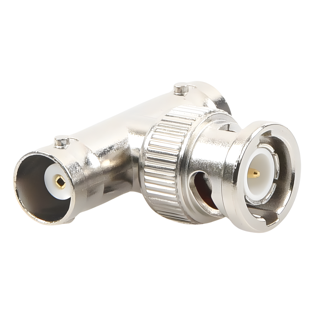 Adaptador en T para 50 Ohm de BNC Macho a Doble BNC Hembra, Troquelado, Níquel/ Oro/ Delrin.