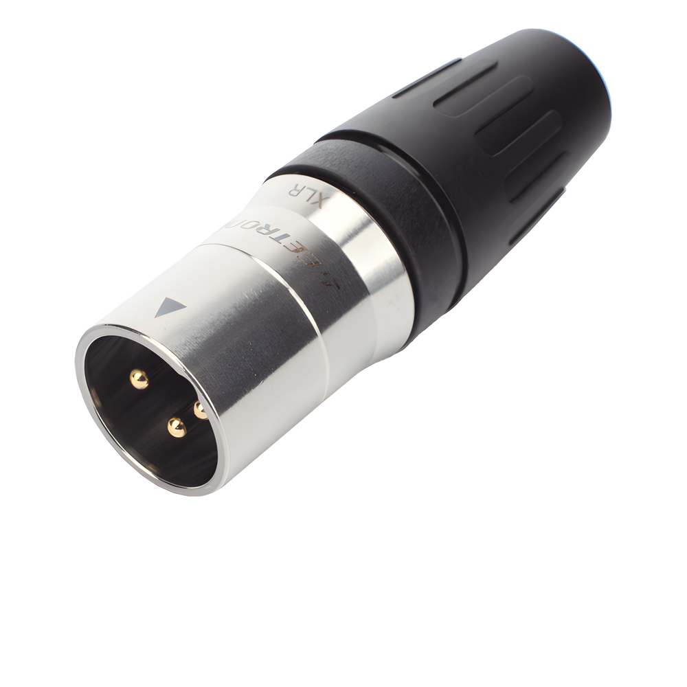 CONECTOR MACHO XLR DE 3 NÚCLEOS CON CARCASA DE ACERO INOXIDABLE Y CONTACTOS CHAPADOS EN ORO