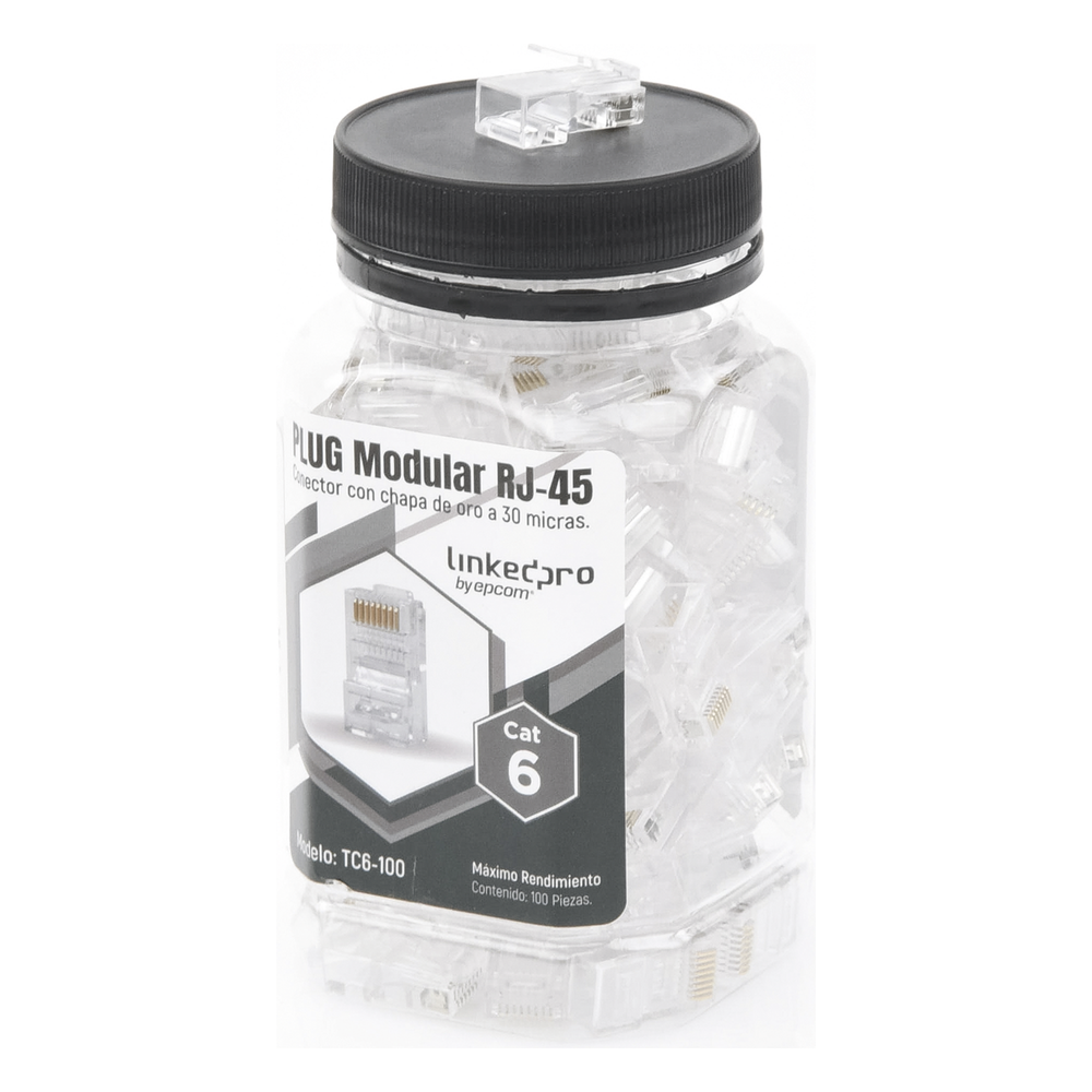 Bote con 100 Piezas de Plug Modular RJ45 Cat6 sin Blindaje, Chapado de Oro a 30 Micras para Durabilidad Extrema