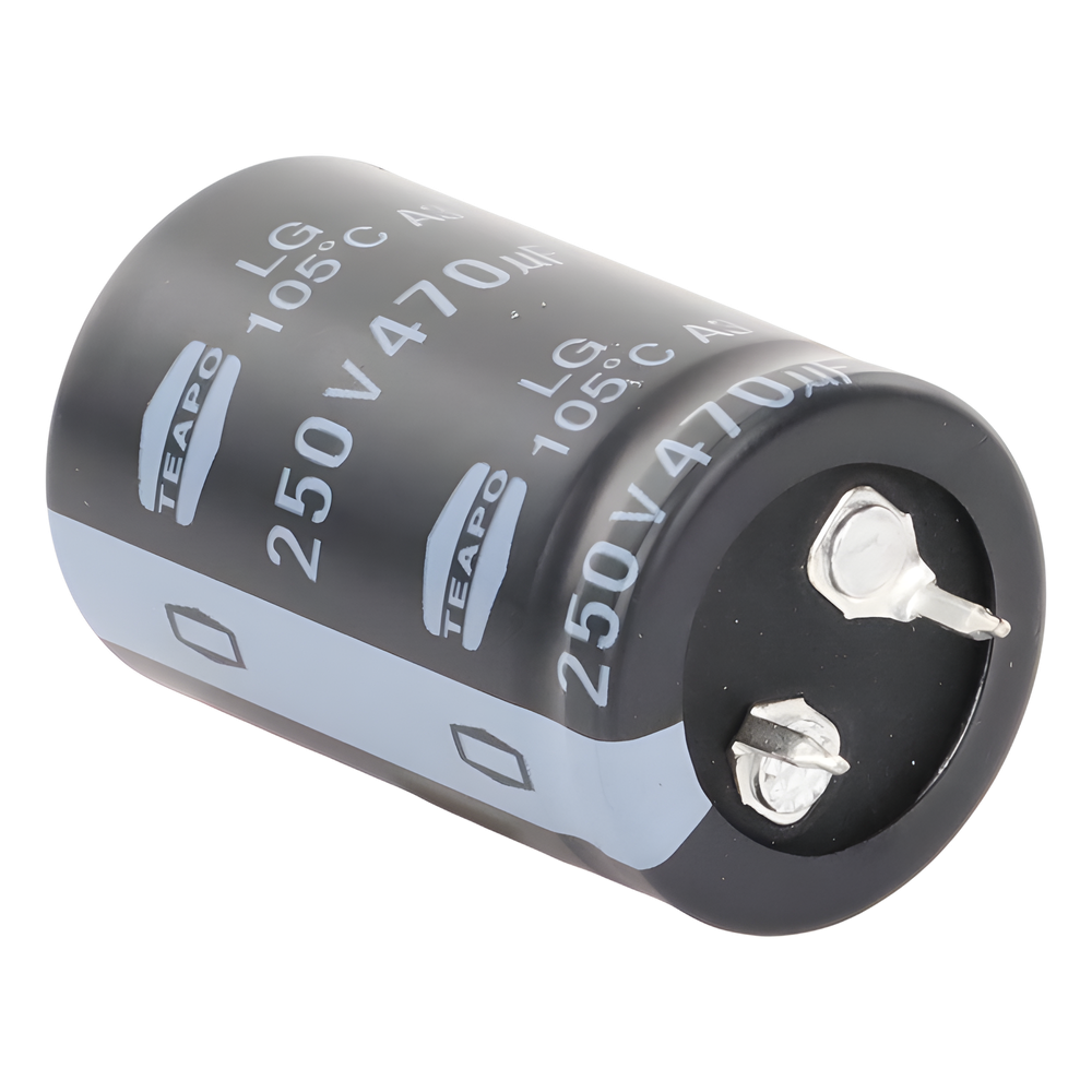 Capacitor Electrolítico de Aluminio, Radial de 470 µFd, 250 Vcc, 105 °C, 25 x 40 mm.