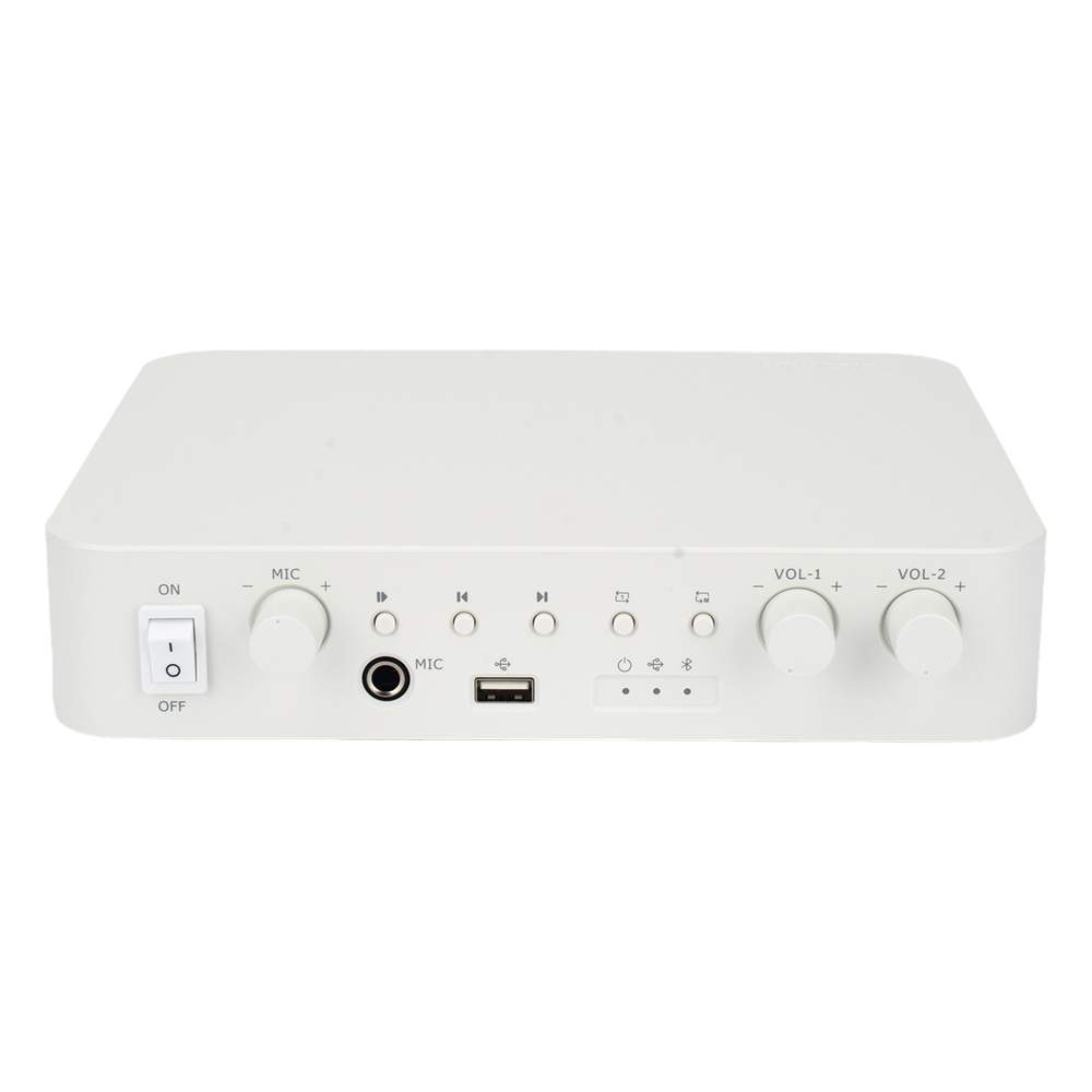 Amplificador | Bluetooth | 2 Canales con Control de volumen Independiente | 30 W por Canal | Salida 4-8 ohms x 2 | 100V COM x 2 | Una Zona | Música Ambiental
