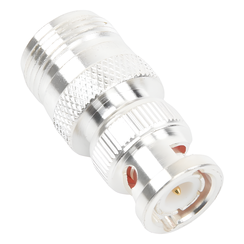 Adaptador en Linea para 50 Ohm, de Conector N Hembra a BNC Macho, Plata /Oro /Teflón.