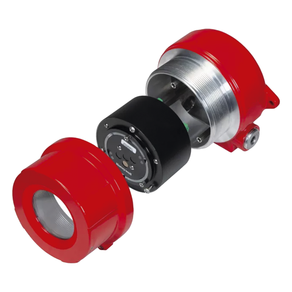 Detector de flama industrial triple infrarrojo (IR3), visión de 90°, alcance configurable 15-60 m, salidas 4-20 mA, relés, HART y Modbus