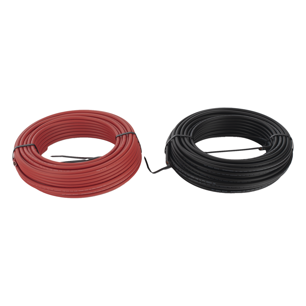 Kit de 2 rollos de 25 metros de cable fotovoltaico de cobre, rojo y negro, calibre 10 AWG (6mm²), Tipo PV,  1000/2000 V y 120°C.