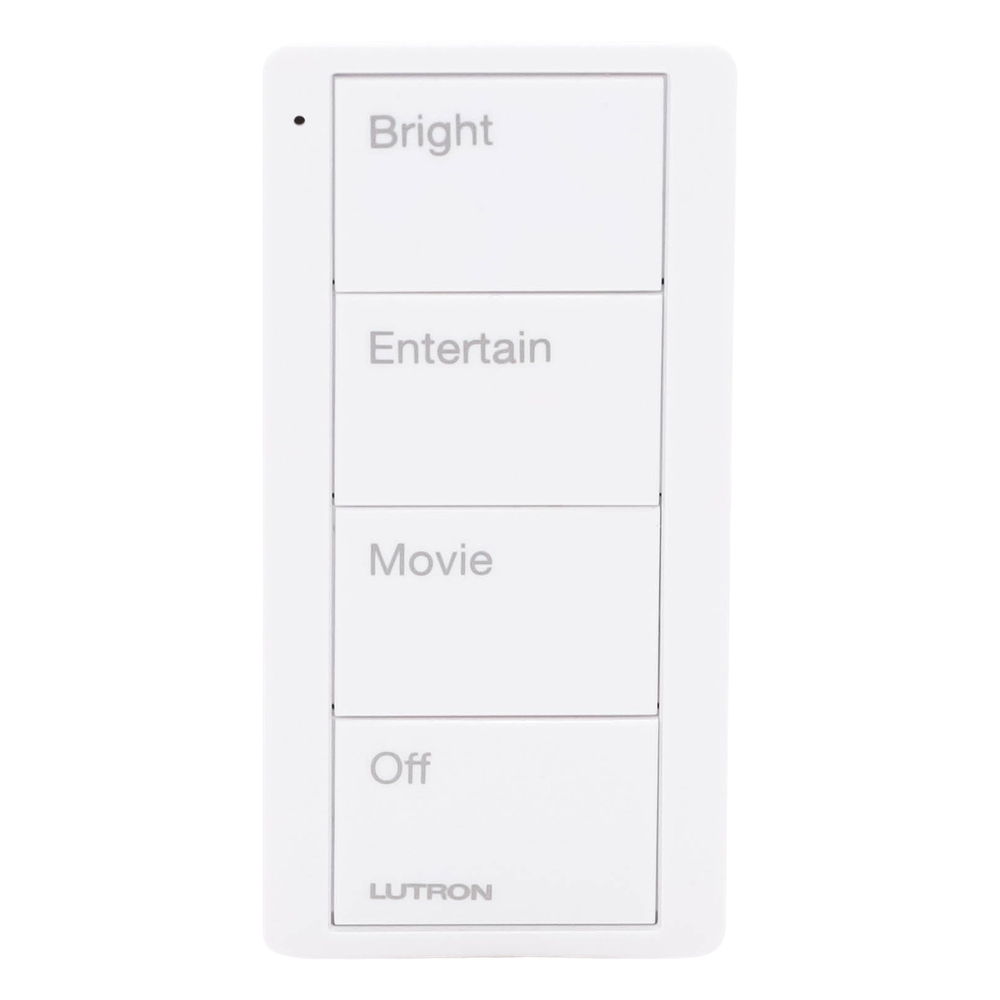 Control Pico inalámbrico de 4 botones con escenas grabadas para sala (Bright, Entertain, Movie y Off), compatible con Caseta Wireless y RA2 Select, blanco brillante