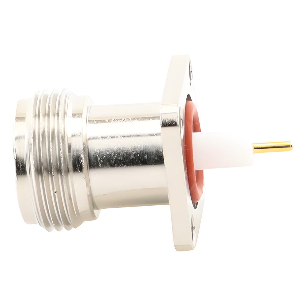 Conector N Hembra de Montaje de Panel con 4 perforaciones a 12.7 mm, soldable.