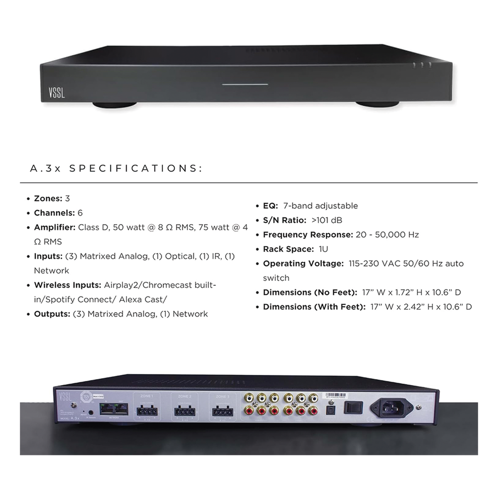 VSSL 3 zonas, 6x50W, con Chromecast, Alexa Cast, Airplay, Spotify Conn en cada zona - funciona con GoogleAsst