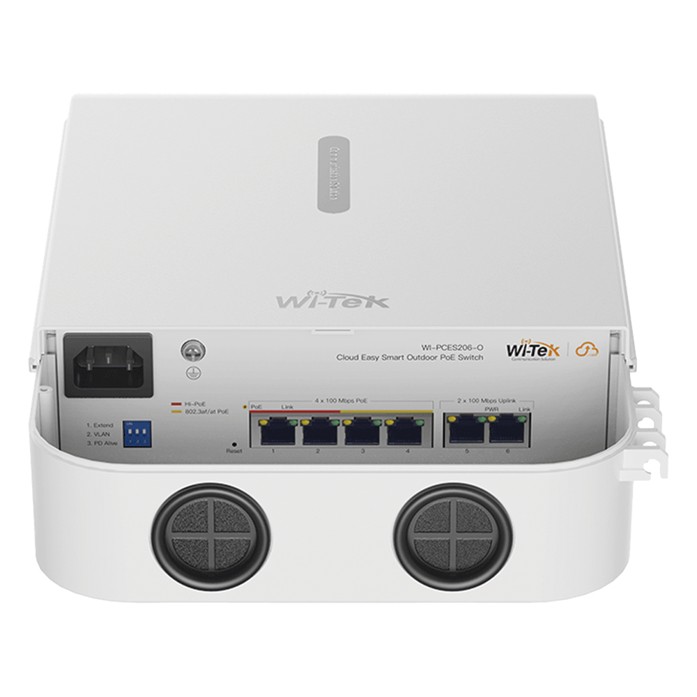 Switch PoE para exterior / Administración en la nube / Con 4 puertos 10/100 Mbps PoE af/at / 2 Puertos Uplink 10/100 MBPS /  Presupuesto 60 W / PoE hasta 250 metros / Soporta protocolo ONVIF