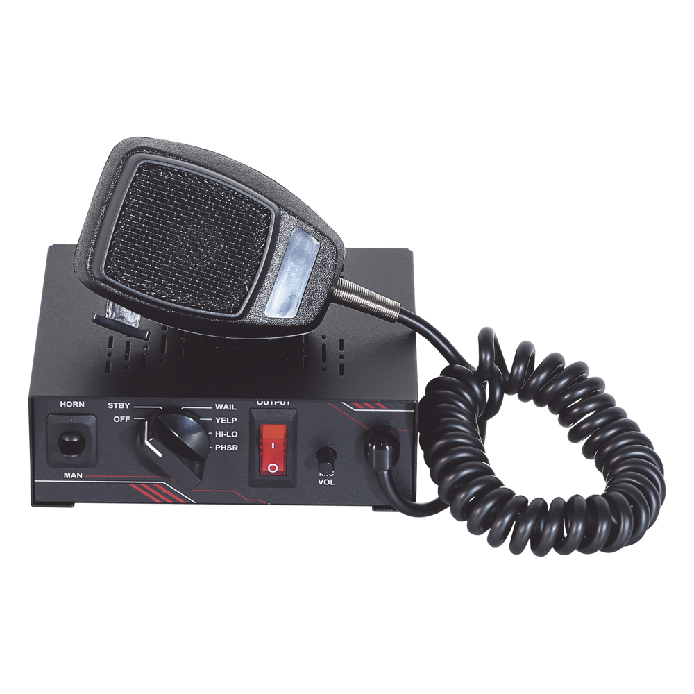 Sirena Vehicular de 100W de Potencia, Con Switch Giratorio de 6 posiciones y Micrófono Integrado de Uso Rudo