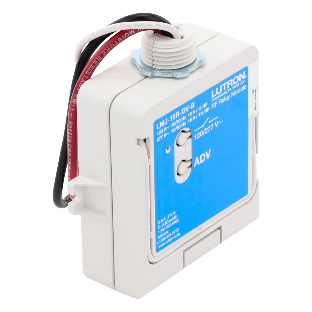Módulo de relé de radiofrecuencia con tecnología Softswitch, conmuta hasta 16 A de propósito general, 120/277 V, apto para plenum, compatible con RA2 Select, RadioRA 2 y HomeWorks