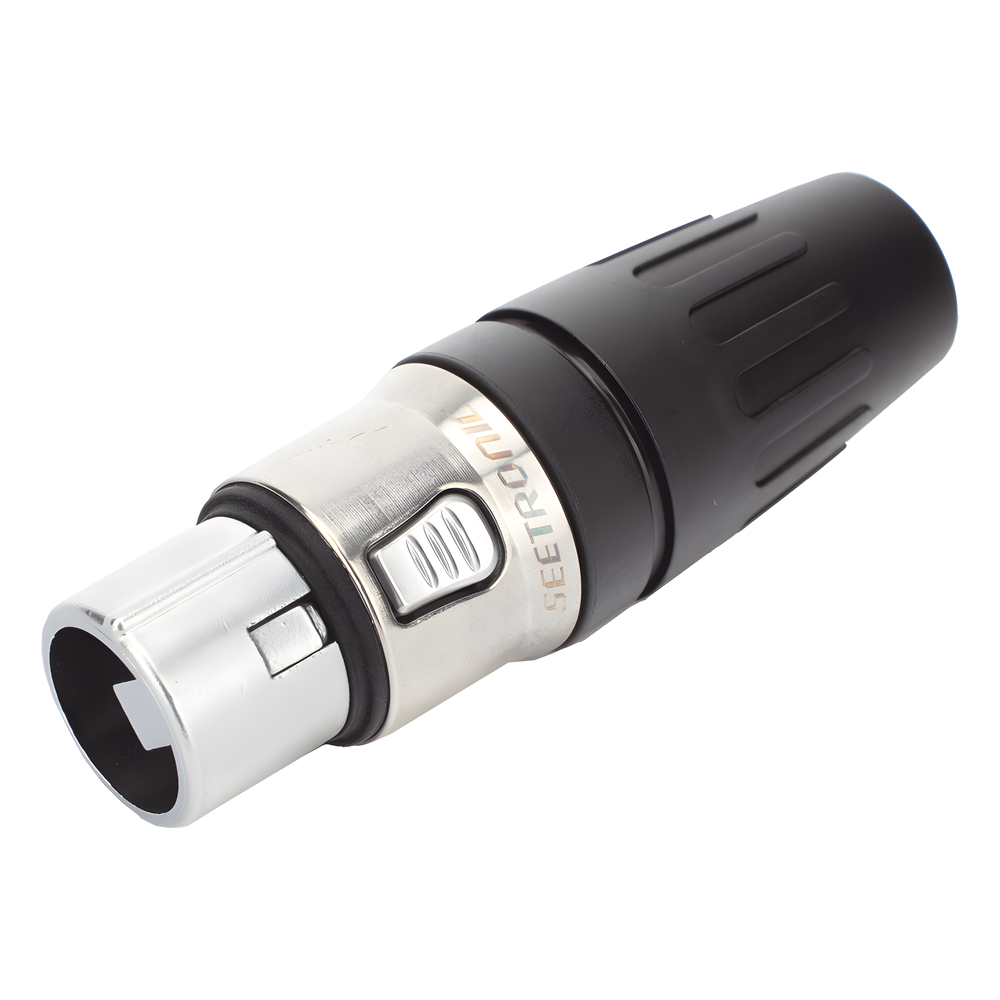 Conector hembra XLR de 3 núcleos con carcasa de acero inoxidable y contactos chapados en oro