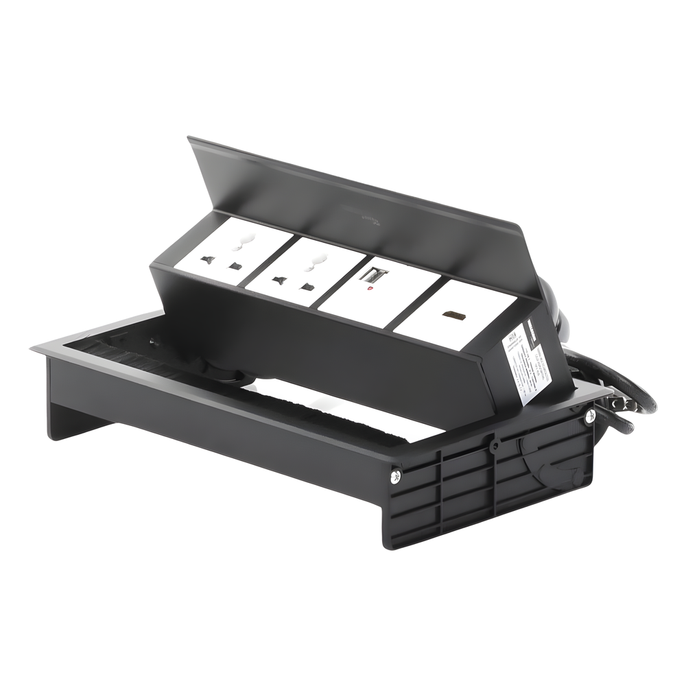 Caja Horizontal Tipo Hub para Escritorio Color Negro, con 1 Puerto HDMI Hembra-Hembra, 1 Puerto RJ45 Cat6, 2 Puertos USB (Solo Carga), y 2 Contactos Eléctricos Universales