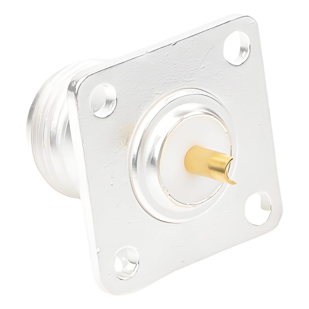 Conector N Hembra para Montaje Frontal en Panel con 4 Perforaciones a 18 mm, Plata/ Oro/ Teflón.