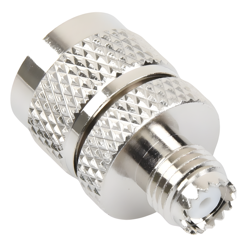 Adaptador en Línea de Conector Mini UHF Hembra a UHF Macho (PL-259), Níquel/ Oro/ Teflón.