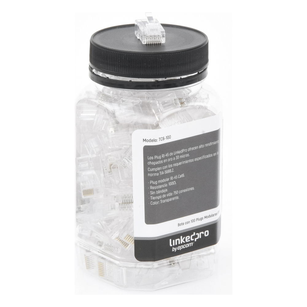Bote con 100 Piezas de Plug Modular RJ45 Cat6 sin Blindaje, Chapado de Oro a 30 Micras para Durabilidad Extrema