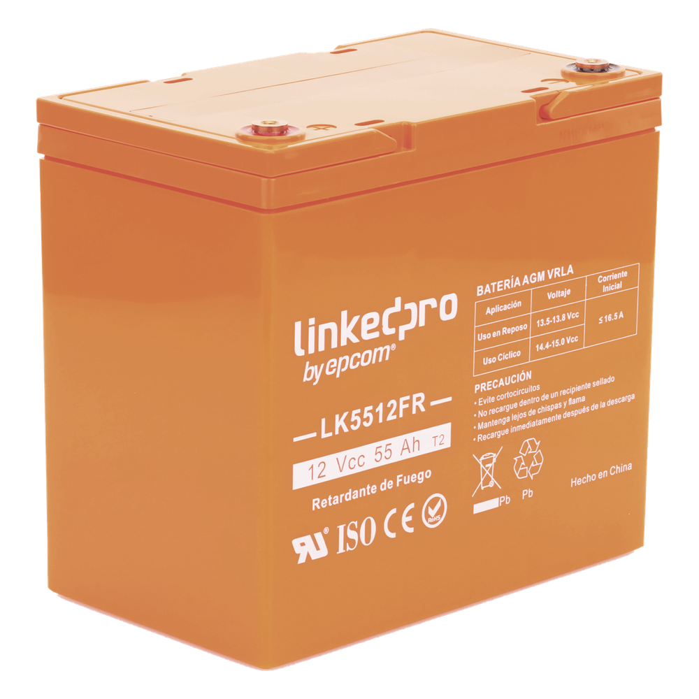 Batería de respaldo  12 V | 55 Ah | AGM | Certificada UL94-V0 Retardante a la Flama | Especial para Seguridad Electrónica | UPS  | Sistemas de emergencia | Vida útil 5 años | Terminales T2