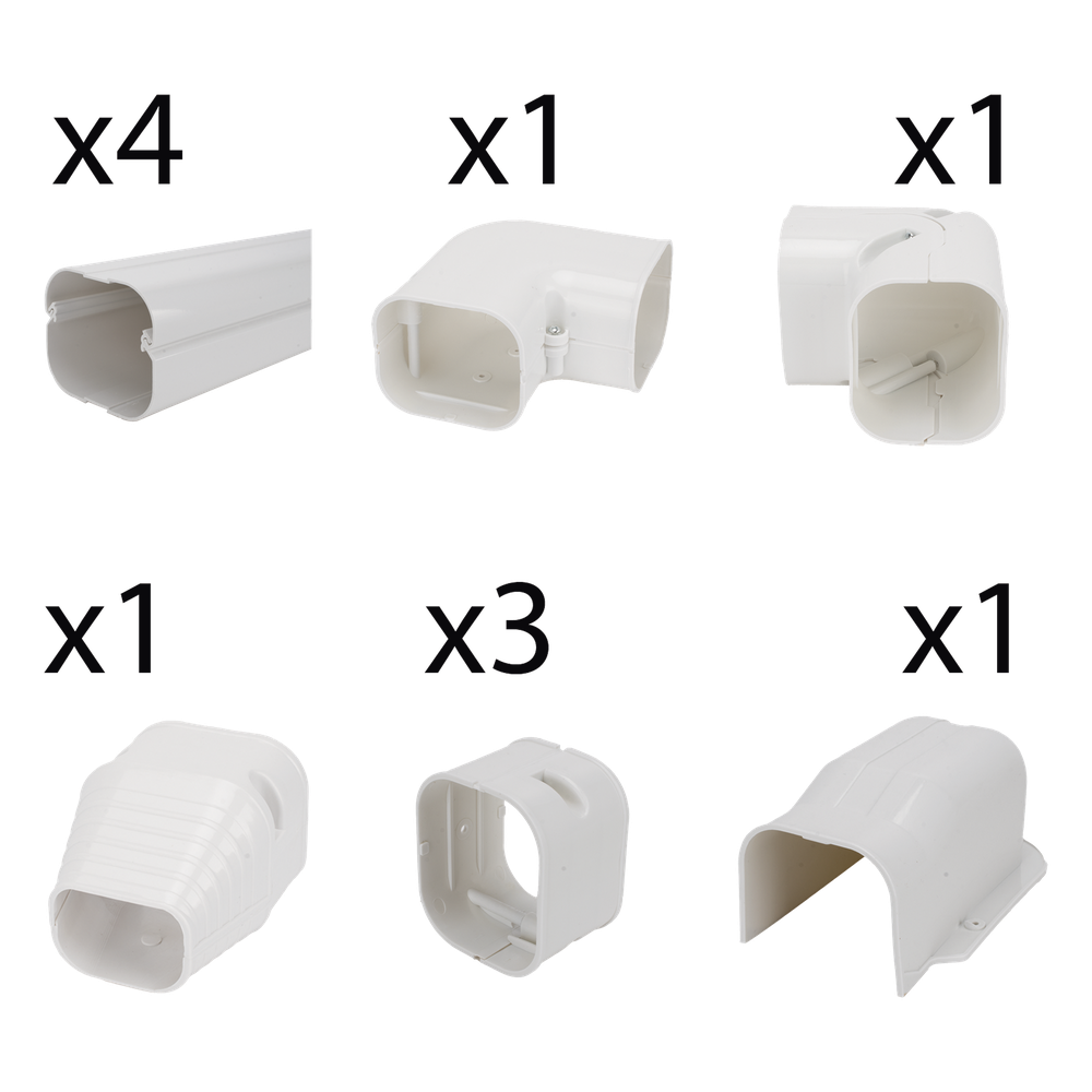 Kit de Canaletas Para la Organización de Tuberías y Cables Eléctricos en Instalaciones de Aire Acondicionado, Uso en Interiores y Exteriores, PVC Rígido, Ideal Para Minisplit, Contenido de Kit (11 Piezas), (3000-00000)