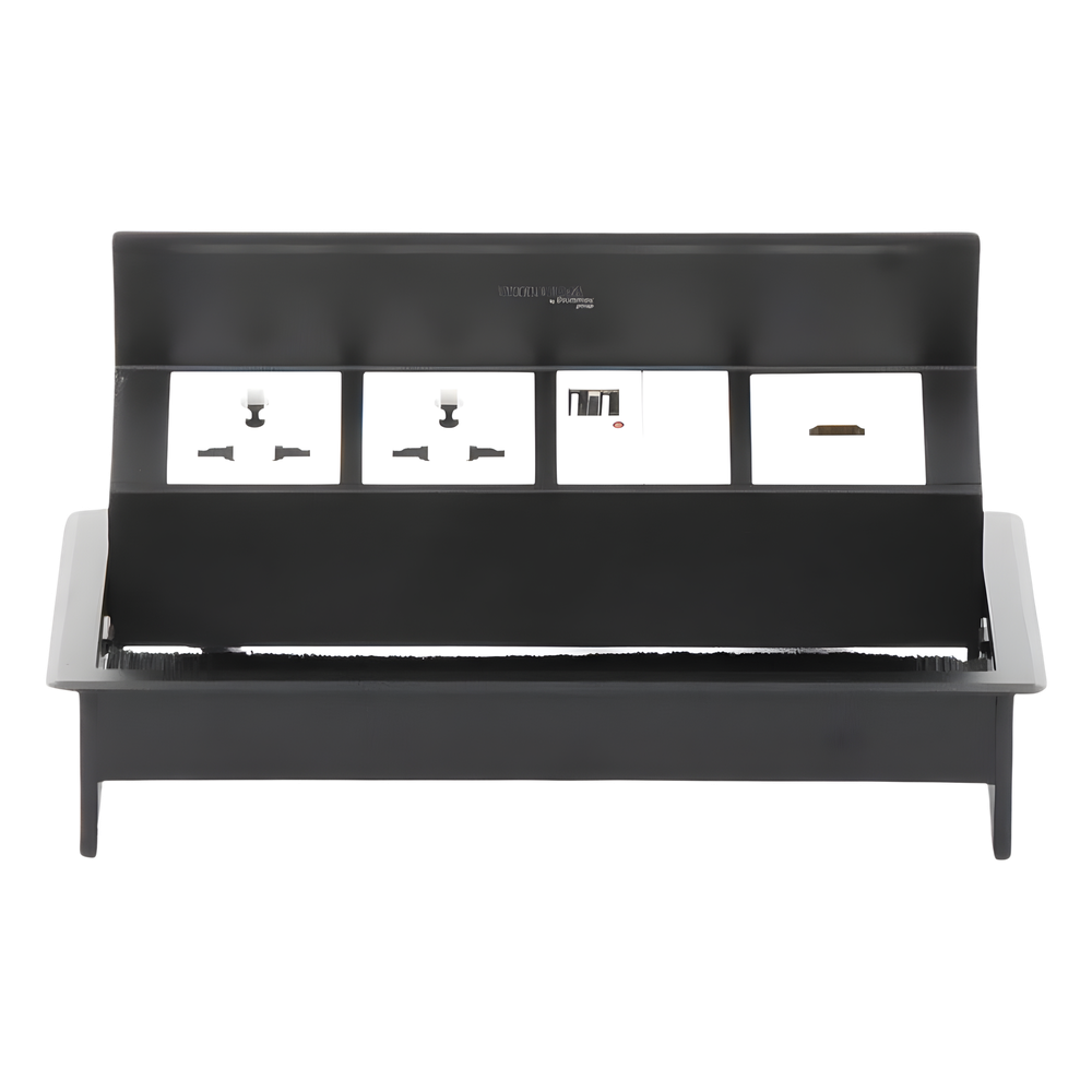 Caja Horizontal Tipo Hub para Escritorio Color Negro, con 1 Puerto HDMI Hembra-Hembra, 1 Puerto RJ45 Cat6, 2 Puertos USB (Solo Carga), y 2 Contactos Eléctricos Universales
