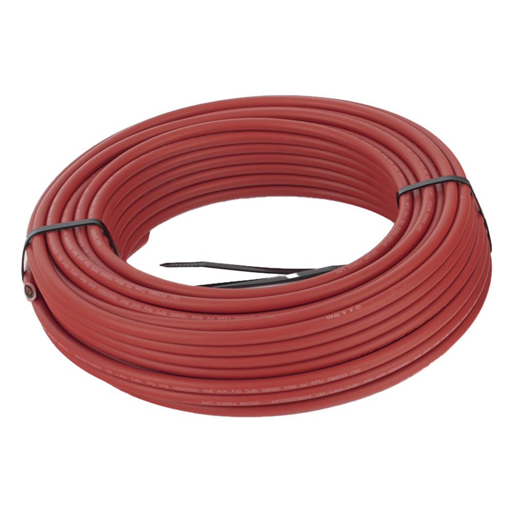 Kit de 2 rollos de 50 metros de cable fotovoltaico de cobre, rojo y negro, calibre 10 AWG (6mm²), Tipo PV,  1000/2000 V y 120°C.
