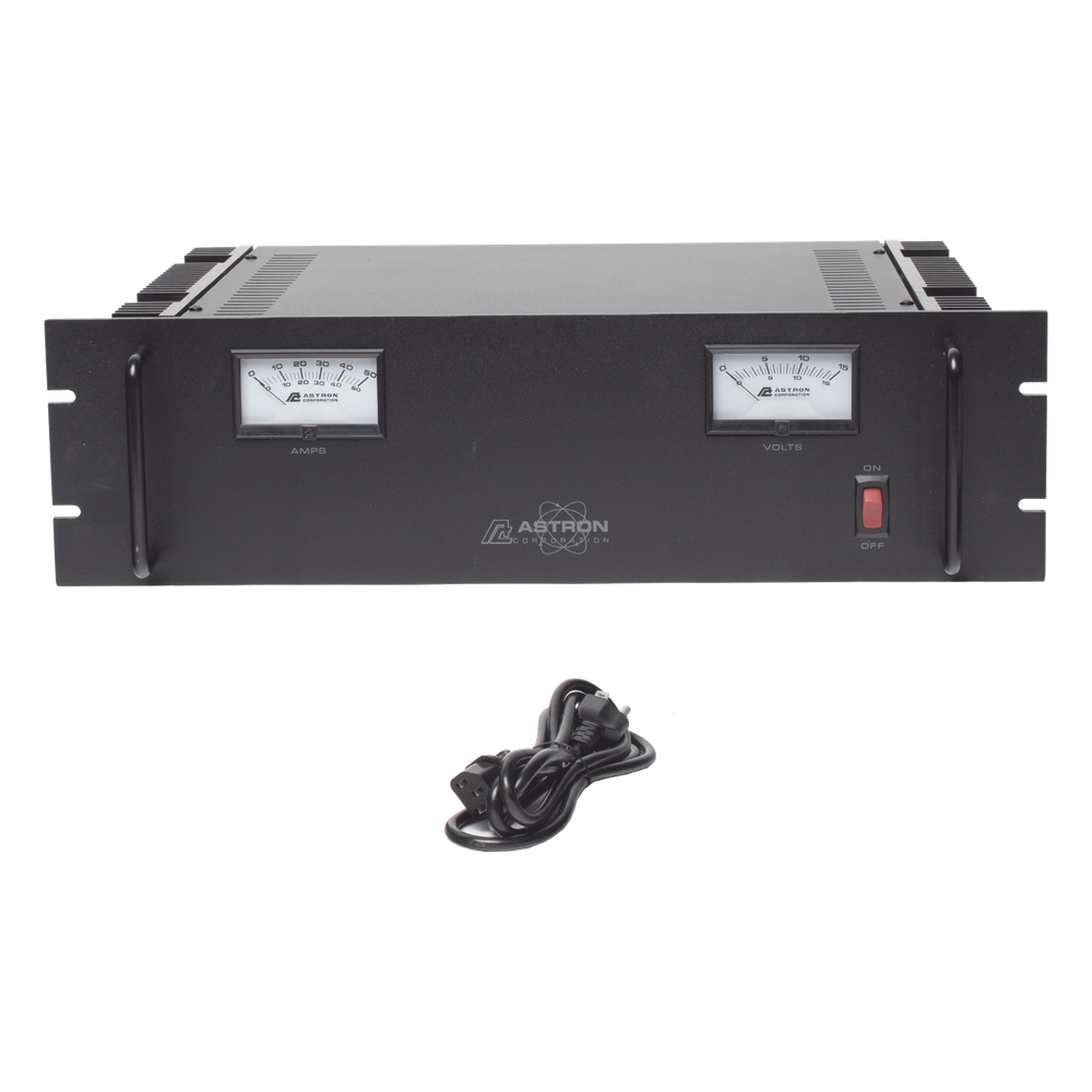 Fuente de poder 13.8Vcc, 50A, lineal regulada con circuito cargador de baterías, medidores, para instalación en rack