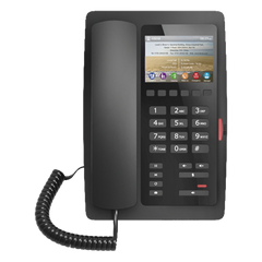 Teléfono IP Hotelero / Pantalla LCD Color 3.5" / 2 Líneas SIP / 6 Teclas Programables Hotline / Puerto USB Carga / PoE 802.3af / Personalizable con Logo Hotel
