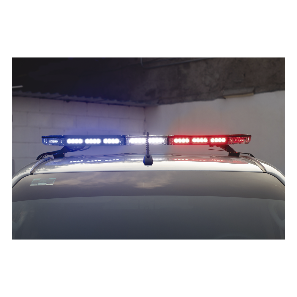 Barra de luces de 47" rojo/azul, 88 LED, con control de tráfico en color ámbar, ideal para equipar unidades de seguridad publica