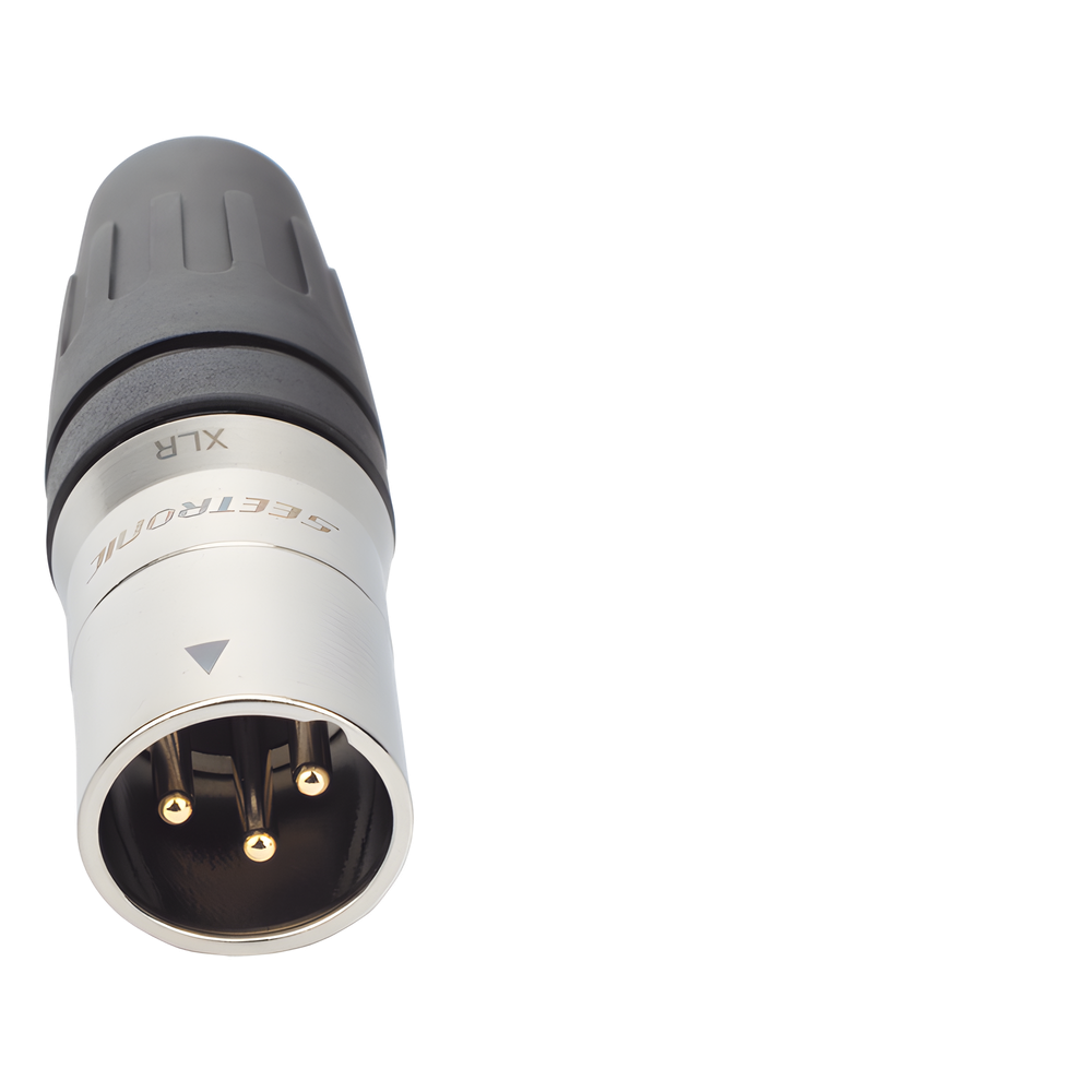 CONECTOR MACHO XLR DE 3 NÚCLEOS CON CARCASA DE ACERO INOXIDABLE Y CONTACTOS CHAPADOS EN ORO