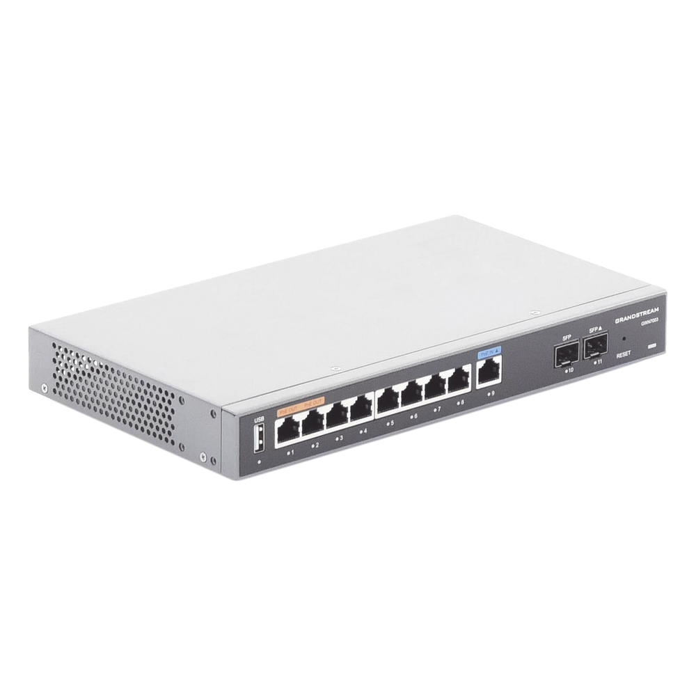 Router Gigabit VPN / Balanceador de cargas / 60,000 sesiones NAT /  9 puertos 10/100/1000 Mbps + 2 puertos SFP (WAN/LAN) / 1 puerto entrada PoE(af/at) / 2 puertos salida PoE (af/at) / Compatible con GWN Cloud.