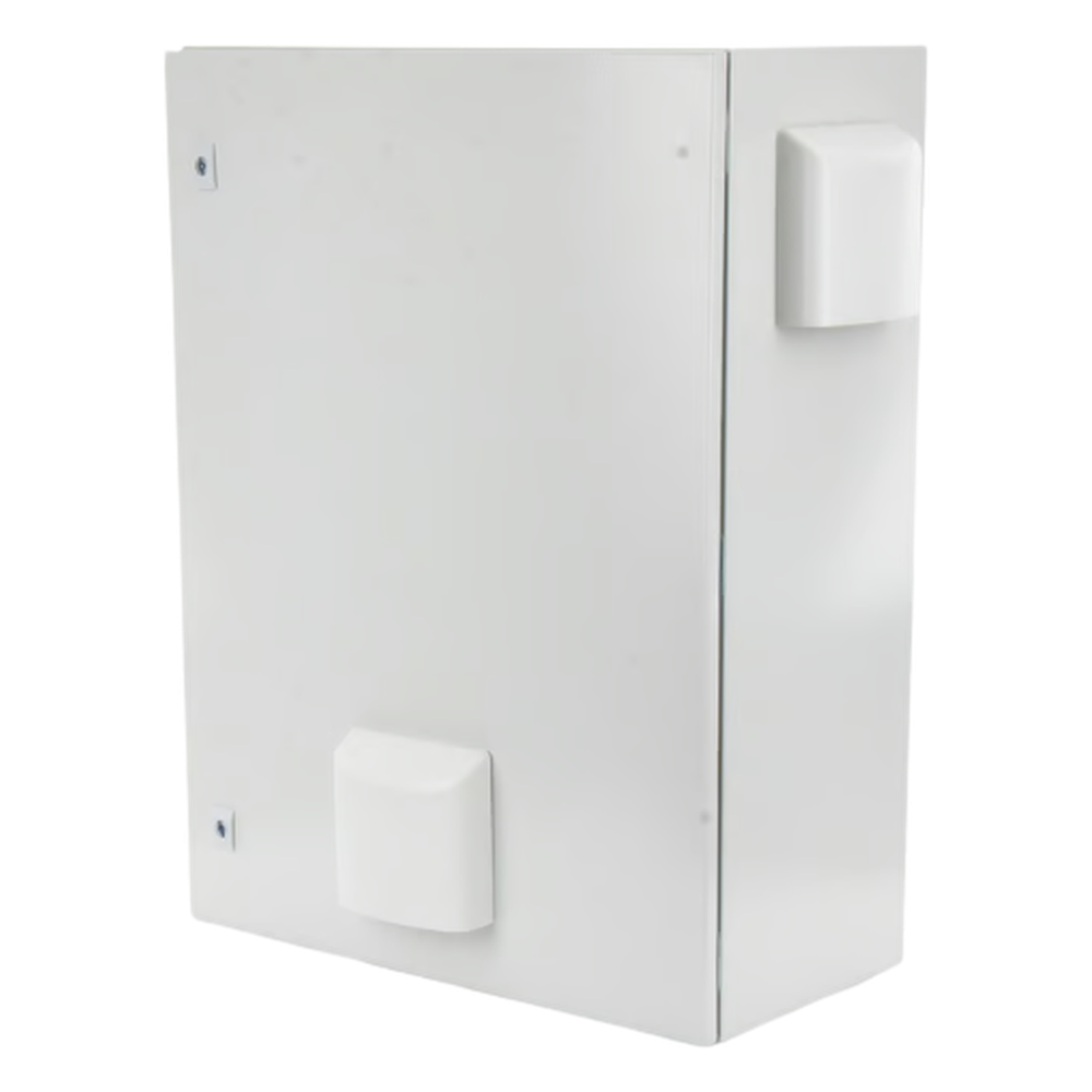 Gabinete Ventilado de Acero IP55 Uso en Exterior (400 x 600 x 250 mm) con Placa Trasera Interior Metálica y Compuerta Inferior Atornillable. Incluye Ventilador, Ventilas, filtros, Chapas y Llave T.