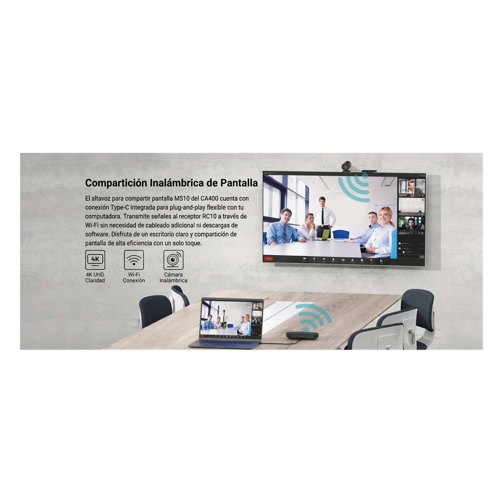 Sistema Videoconferencia 4K Todo en Uno / Cámara 8MP + Altavoz 3W / Micrófono 8 Filas / USB Type-C BYOD / Transmisión Inalámbrica 4K / Salas hasta 32 m² (344 ft²)